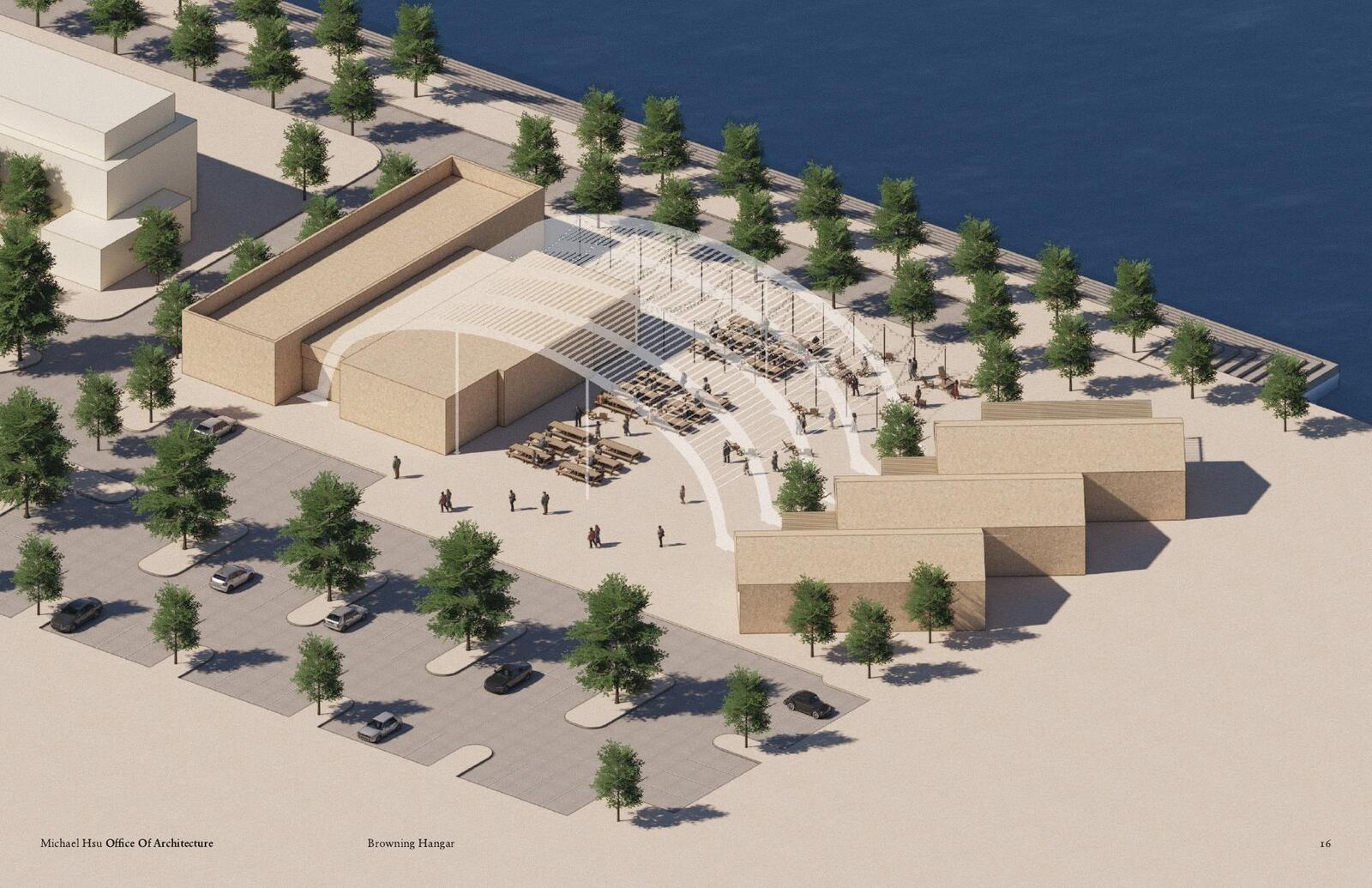 Architect's aerial cutaway with the roof drawn see-through: a tenant building pushes under the first arches, the floor is laid out with picnic tables, three buildings sit to the south, and a parking lot fills the foreground.