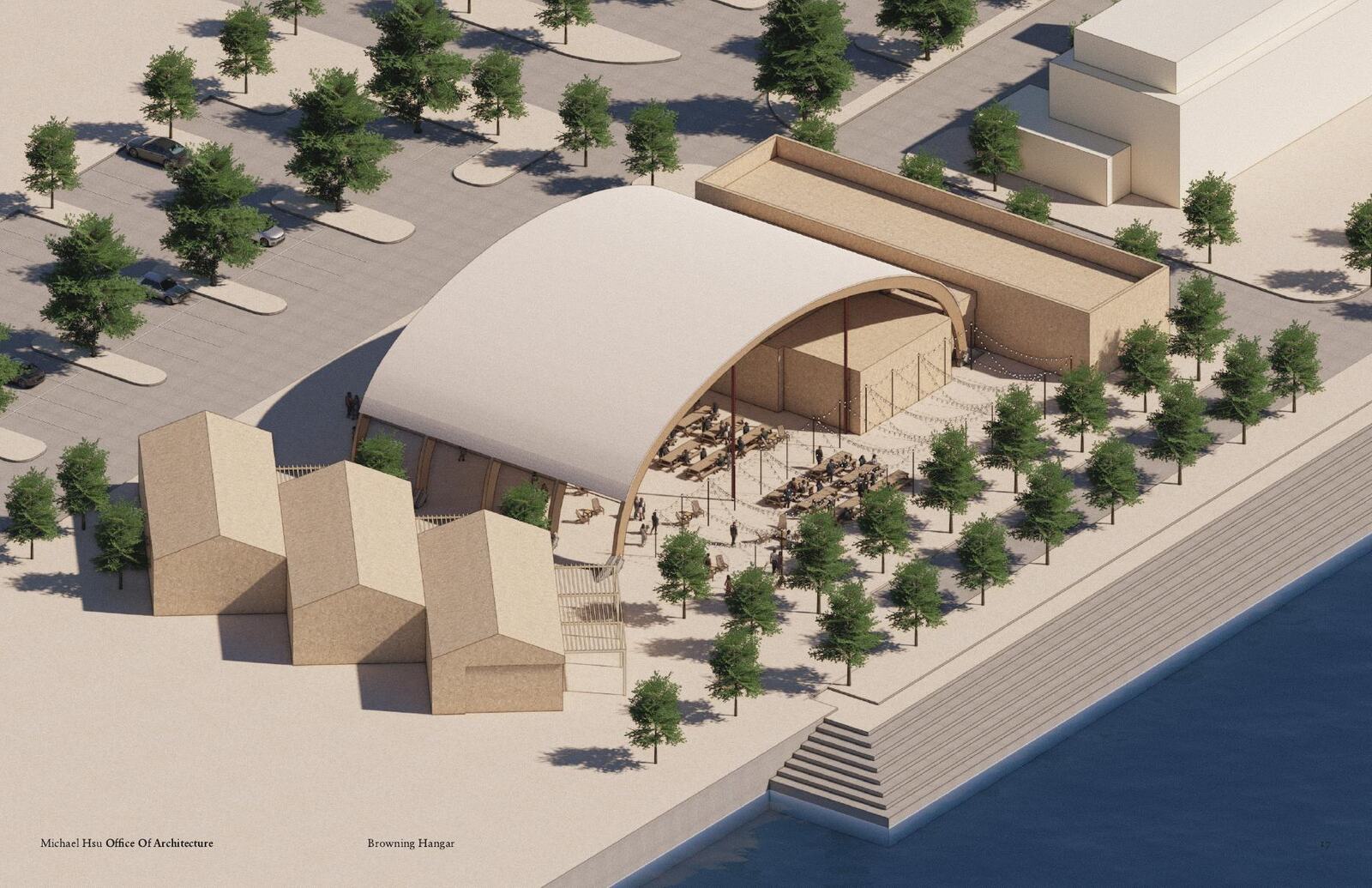 Architect's aerial from the lake side: the arched roof, a tenant box visible under the arch, tables and string lights on the floor, and three gabled buildings on one side.