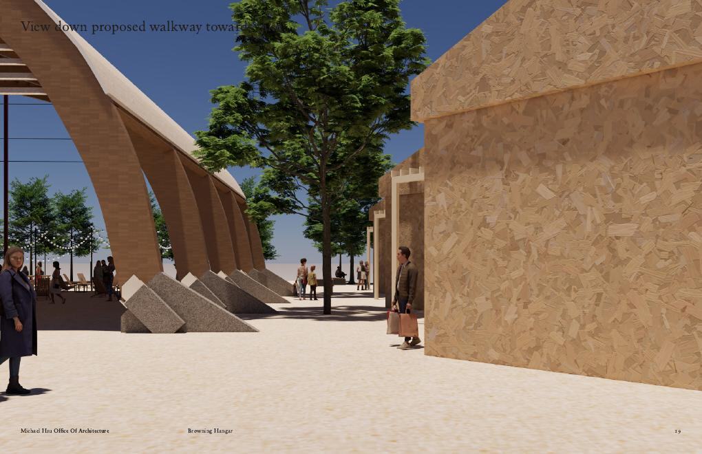 Architect's ground-level rendering: bare arch ribs and concrete footings on the left, a new building with shoppers on the right.