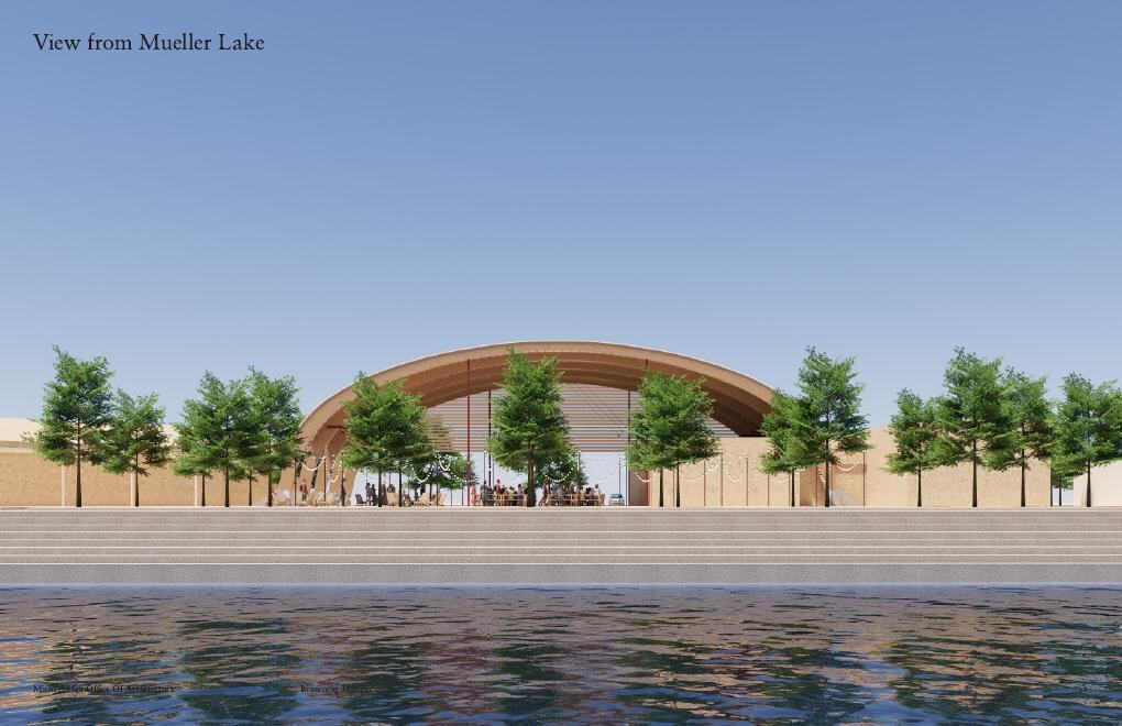 Architect's rendering from Mueller Lake: the Hangar with new buildings on both sides and tables on the floor.
